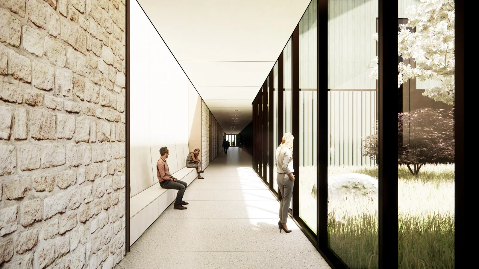 Focal Herzog Foundation Lodge interior glass connector large modern windows limestone wall green exterior siding